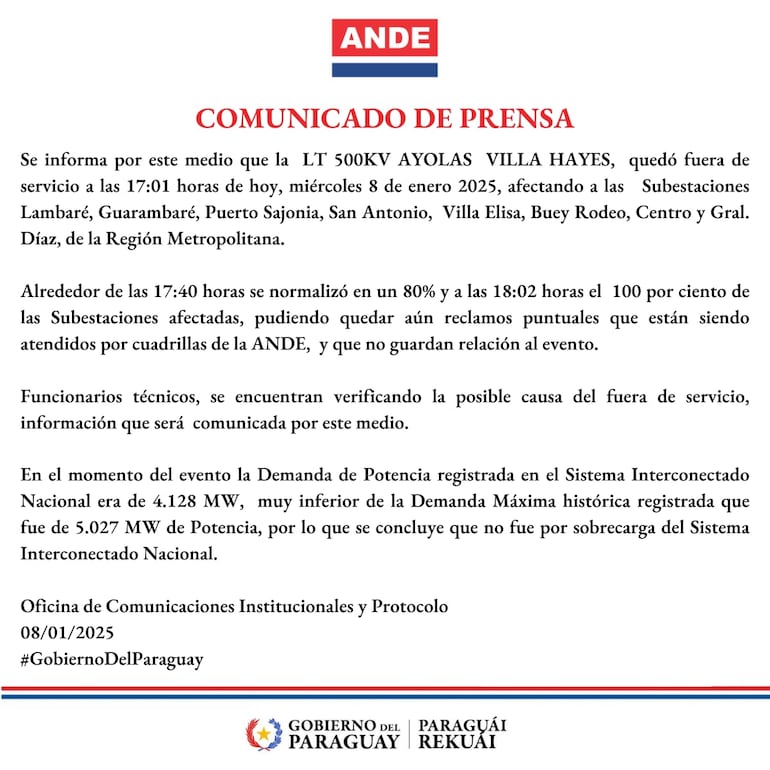 Comunicado de la ANDE por fuera de servicio de la línea de 500 KV que dejó sin servicio a varias zonas de la región metropolitana.