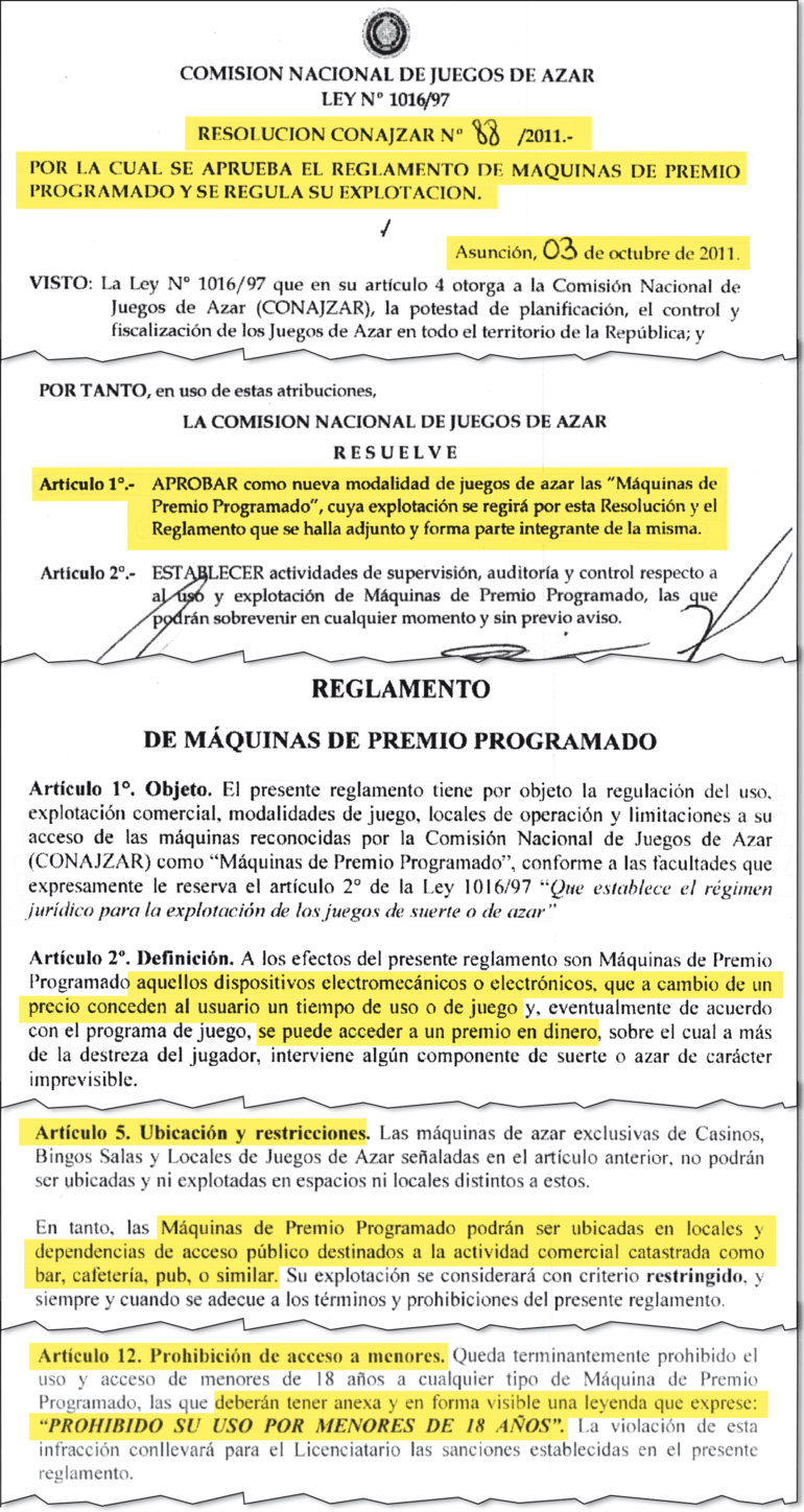 Facsímil de partes de la Resolución N° 88 de Conajzar, del 2011, con disposiciones idénticas a la Resolución N° 34 del 2021. Las autoridades había explicado que "sólo" aprobaron una iniciativa privada, cediendo sus atribuciones, sin mayor control ni precautelar la protección a menores de edad para evitar que desarrollen la adicción a las apuestas (ludopatía).