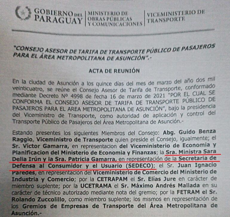 Facsímil del acta de la reunión del Consejo de la Tarifa Técnica del Transporte Pública. Se aprecia que la ministra de la Sedeco, Sara Iún, participó del encuentro pero no lo reporta a los pasajeros ni responde a la prensa sobre las gestiones que realiza para proteger los intereses de los usuarios.