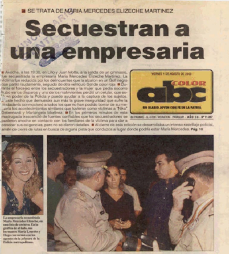 Tapa de ABC Color del 1 de agosto del 2023. Secuestro de María Mercedes Elizeche.