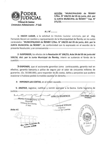 El A.I del Tribunal de Cuentas Contencioso Administrativo que dio lugar a la medida cautelar planteada por el intendente de Ñemby, que busca evitar intervención de su administración.