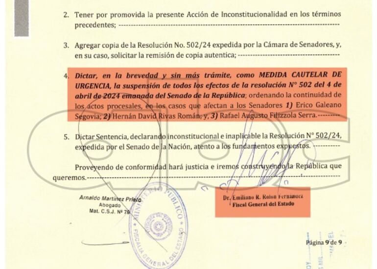 Fiscal general presenta acción de inconstitucionalidad ante devolución de fueros a parlamentarios