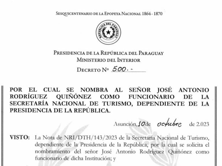 Decreto de nombramiento de José Rodríguez, hermano de Nenecho, sobre el que pesa denuncia de violencia de género.