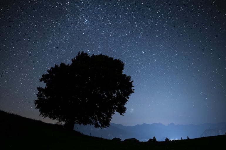 St. Margrethenberg (Switzerland Schweiz Suisse), 13/08/2024.- Stars and shooting stars are pictured during the annual perseids meteor shower, in St. Margrethenberg, Switzerland, 12 August 2024. The Perseid meteor shower occurs every year in August when the Earth passes through debris and dust of the Swift-Tuttle comet. (Suiza) EFE/EPA/GIAN EHRENZELLER
