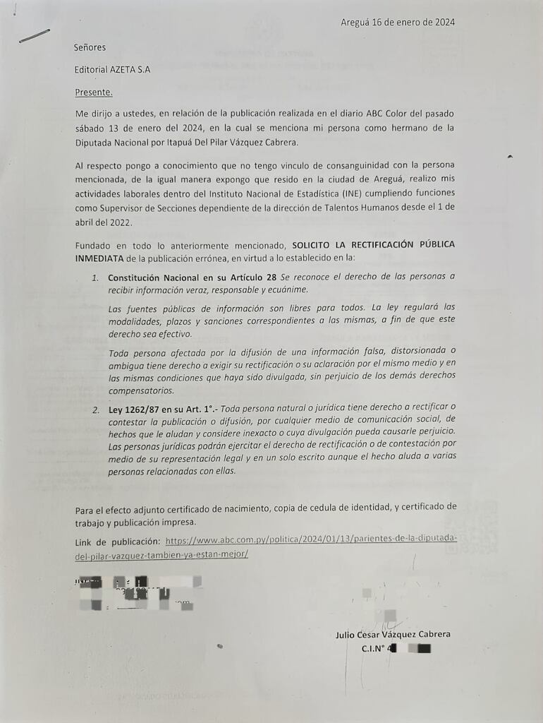 Carta de Julio César Vázquez Cabrera