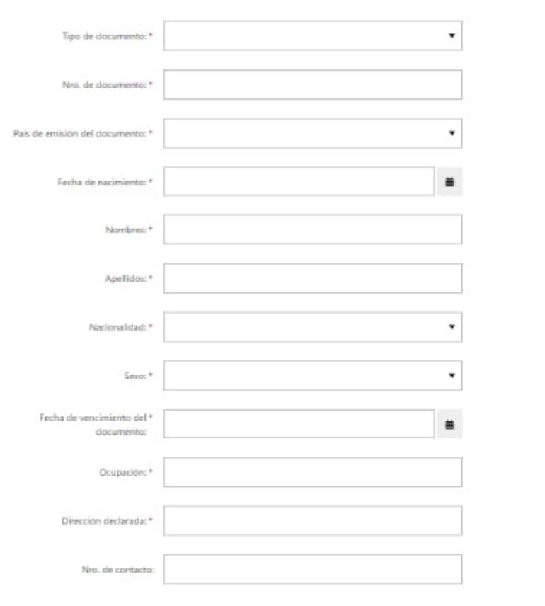 Formulario para cargar datos del solicitante en el pre registro migratorio.