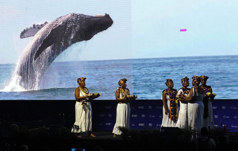 Artistas se presentan en la inauguración de la COP16 de Biodiversidad este domingo, en Cali (Colombia).