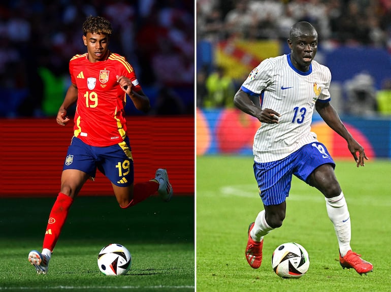 (COMBO) This combination of pictures created on July 7, 2024 shows Spain's forward #19 Lamine Yamal (L) during the UEFA Euro 2024 Group B football match between Spain and Croatia at the Olympiastadion in Berlin on June 15, 2024; and France's midfielder #13 N'golo Kante during the UEFA Euro 2024 quarter-final football match between Portugal and France at the Volksparkstadion in Hamburg on July 5, 2024. Spain faces France during the UEFA Euro 2024 semi-final football match in Munich on July 9, 2024. (Photo by Odd ANDERSEN and Javier SORIANO / AFP)