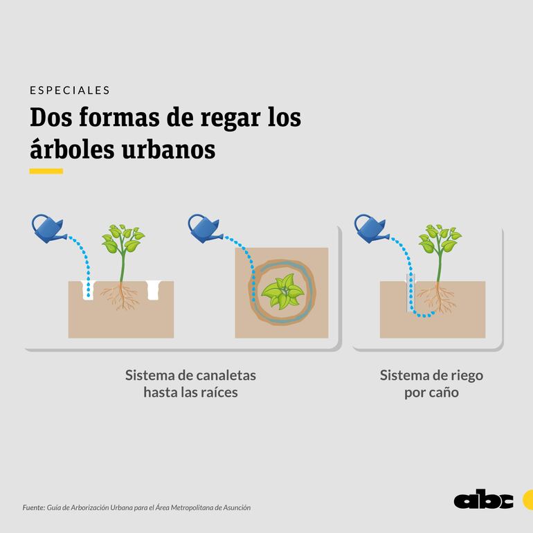 Dos sistemas de riego para árboles urbanos, recomendados por la Guía de Arborización Urbana.