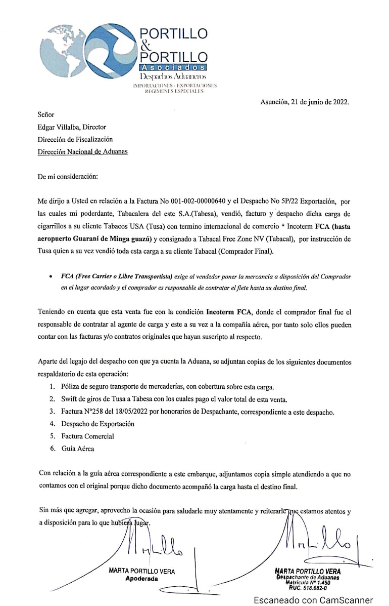 La propia despachante aduanera señala que Tabacos USA Inc fue el comprador final.