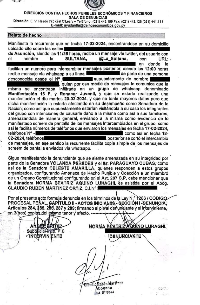 Denuncia publicada por la senadora Norma Aquino.