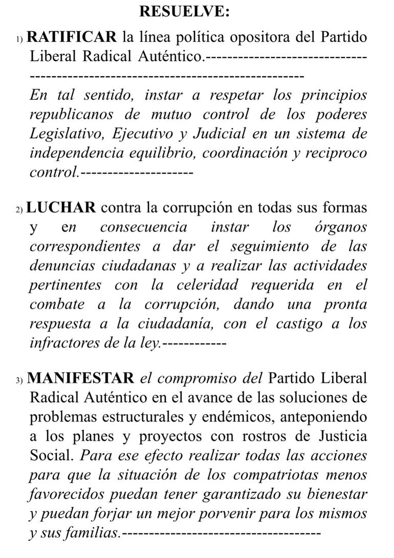 Documentos preparados por sector cartista para destituir a Efraín Alegre de la presidencia del PLRA durante la convención liberal, según denuncia de senador, Ever Villalba.