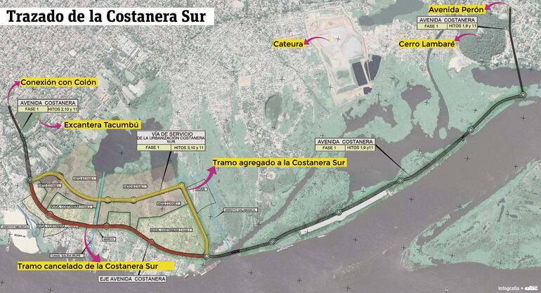 Trazado de la Costanera Sur. El la zona del Bañado Tacumbú se ve el refulado de las 66 hectáreas para las viviendas. 