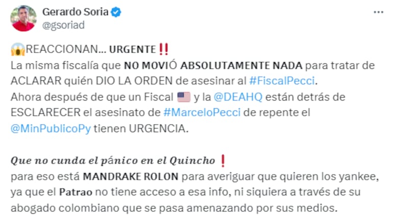 Posteo de Gerardo Soria, expresidente de seccional colorada, sobre el caso Pecci.