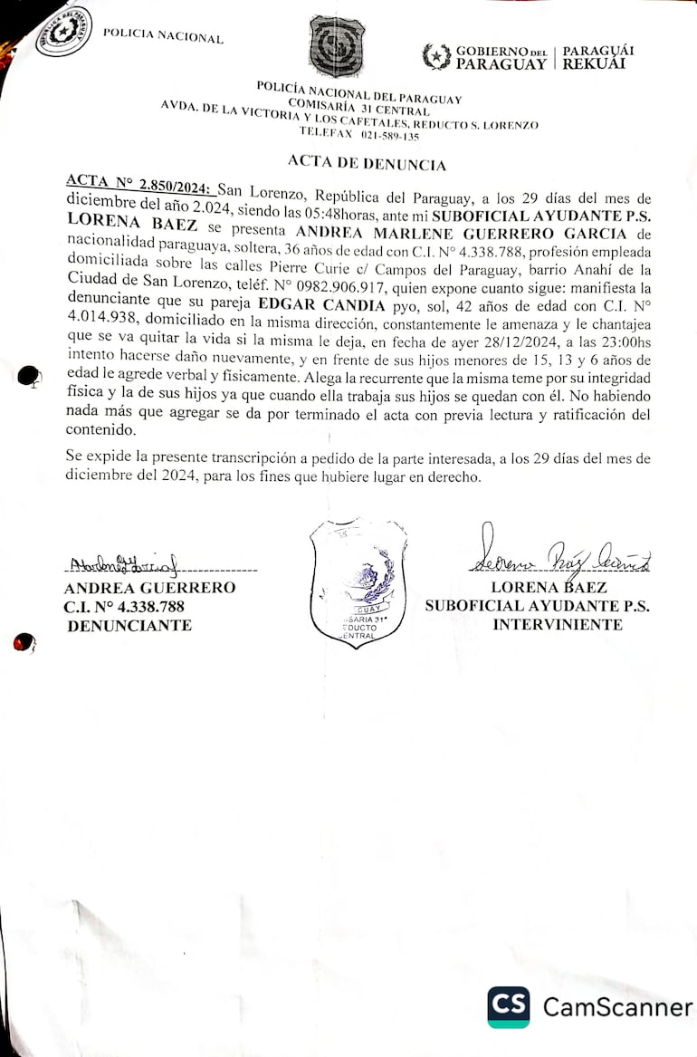 Denuncia presentada por Andrea Marlene Guerrero el 29 de diciembre pasado, ante la comisaría de San Lorenzo. La ahora víctima de feminicidio advirtió que temía por su vida y la de sus hijos.