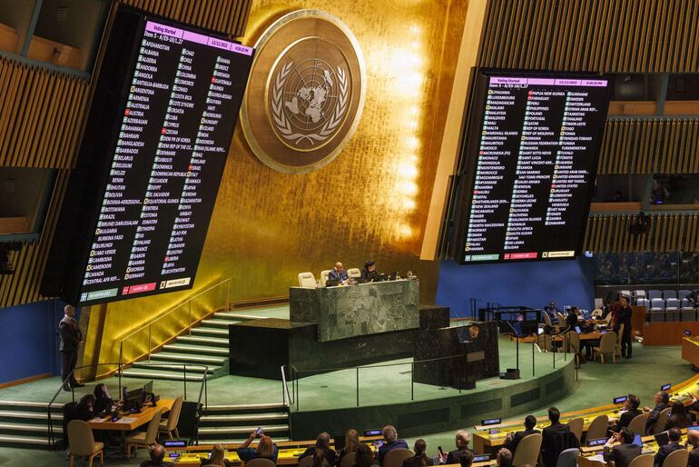 Resultados de la votación por el cese del fuego en la Franja de Gaza. Paraguay votó en contra. 