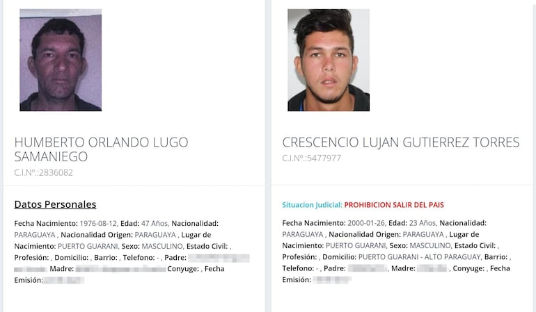 Humberto Orlando Lugo Samaniego, de 47 años, y Crescencio Luján Gutiérrez Torres, de 23 años, buscados pro abigeato en Carmelo Peralta.