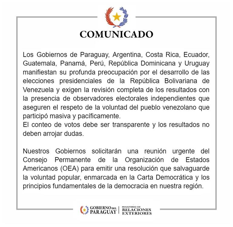 Comunicado compartido por el Ministerio de Relaciones Exteriores en conjunto con otros gobiernos.