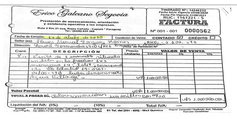 Factura emitida por el entonces diputado Erico Galeano (ANR - cartista) a Hugo González Ramos, sindicado como testaferro de Miguel "Tío Rico" Insfrán. El documento forma parte de la acusación fiscal.