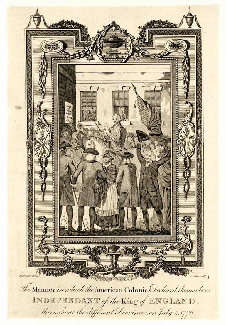 Lectura pública de la Declaración de Independencia el 4 de julio de 1776. Grabado del siglo XVIII.