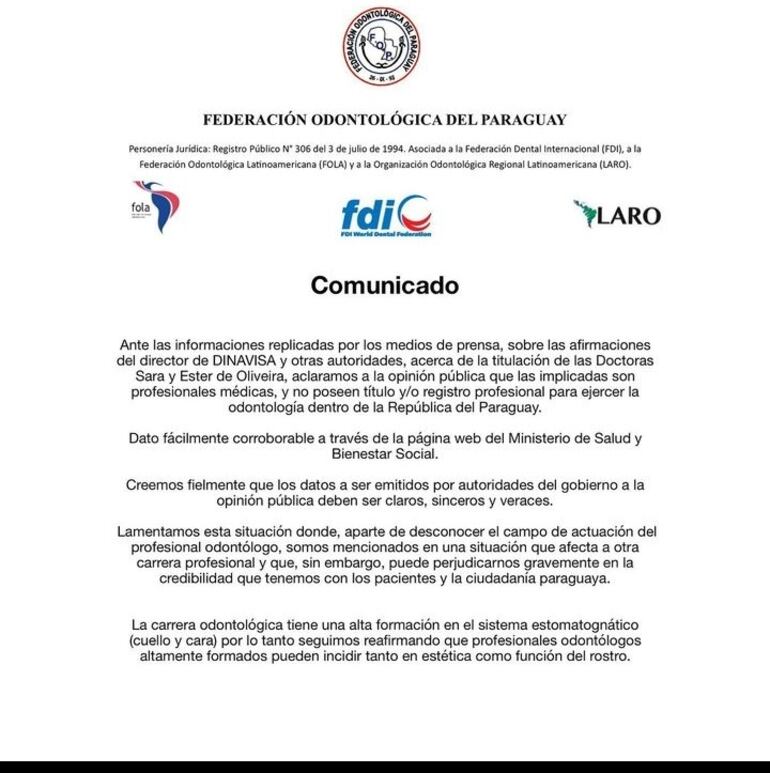 Comunicado de la Federación Odontológica del Paraguay en el que niegan que las doctoras barbies estén registradas como odontológas.