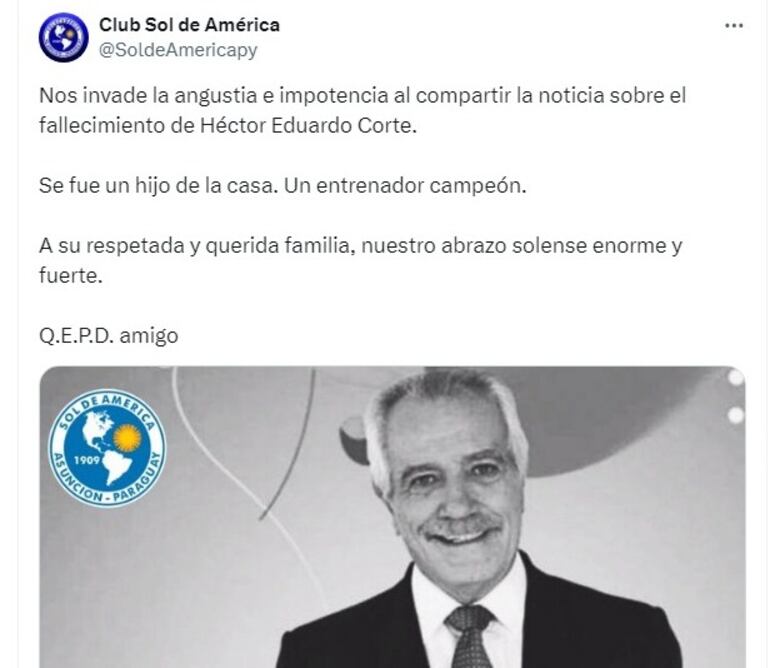 Las condolencias de Sol de América por la muerte de Héctor Corte.