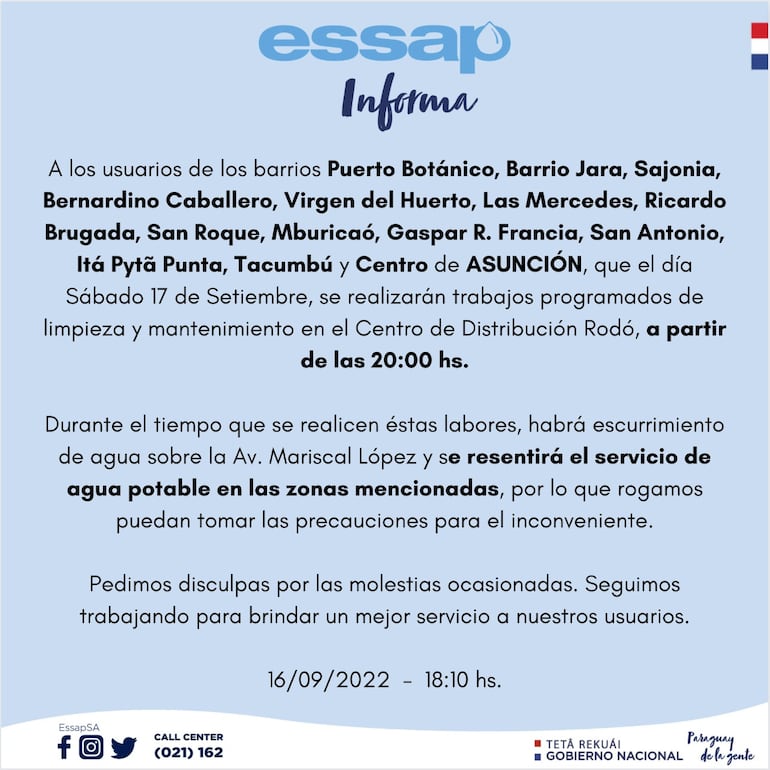 Comunicado de la Essap sobre trabajos programados de este sábado 17 de setiembre.