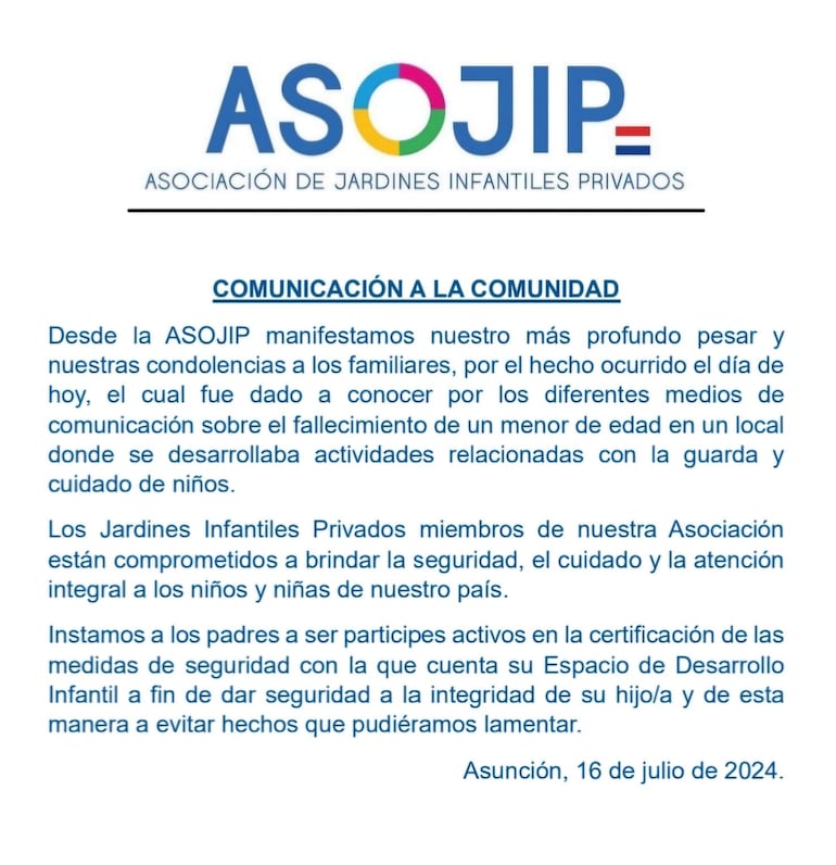 Comunicado de la Asociación de Jardines Infantiles Privados.