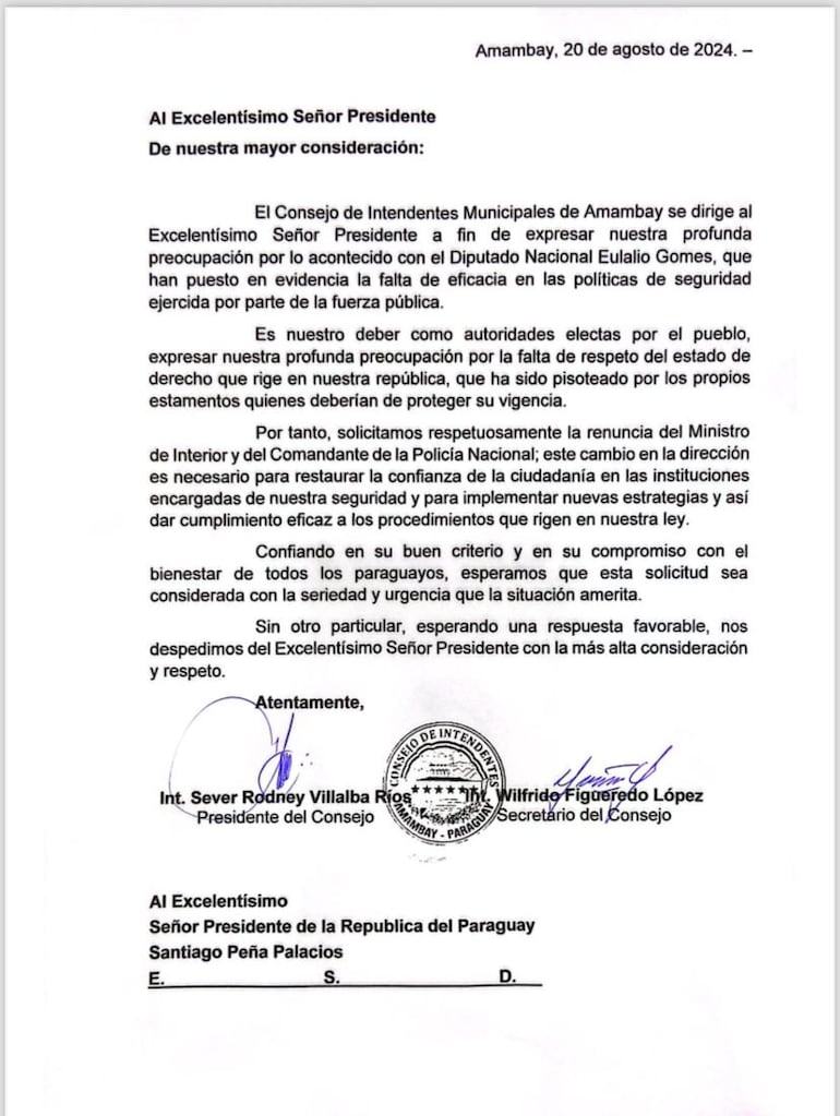 Nota del Consejo de Intendentes Municipales de Amambay, donde piden la renuncia del ministro del Interior y el Comandante de la Policía.