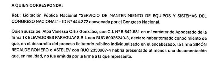 Apoderado  de TK Elevadores remitió denuncia al Congreso sobre supuesta falsificación de documentos de oferente adjudicado.