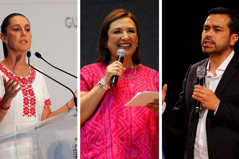 Los candidatos a la presidencia de México la oficialista, Claudia Sheinbaum (i), la opositora Xóchitl Gálvez (c) y Jorge Álvarez Máynez (d), por el partido Movimiento Ciudadano (MC), durante su participación en diferentes actos políticos en la ciudad de Guadalajara (México). 