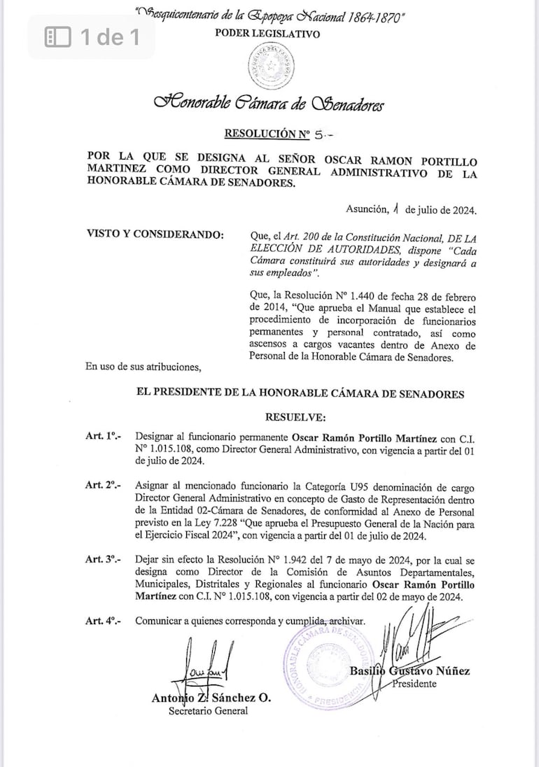 Resoluciones de las primeras designaciones de Basilio Bachi Núñez como nuevo presidente de la Cámara de Senadores.