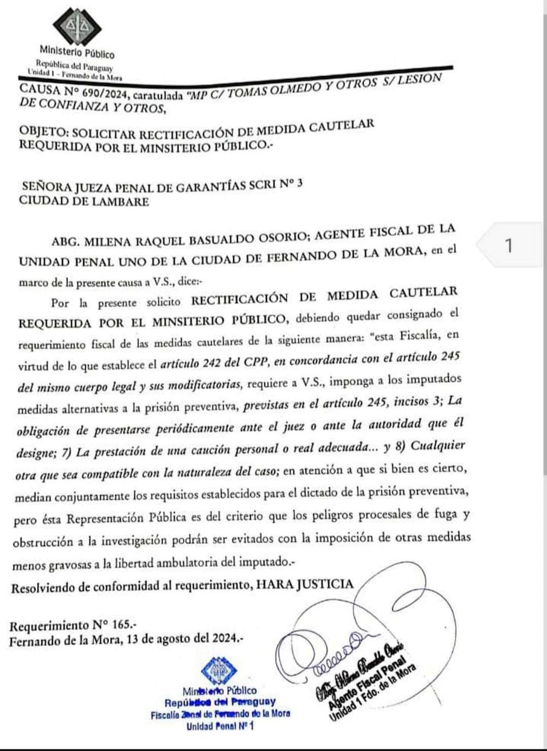 La rectificación del requerimiento de la fiscala de Fernando de la Mora, Milena Basualdo, en el caso del intendente de Ñemby, Tomás Olmedo.