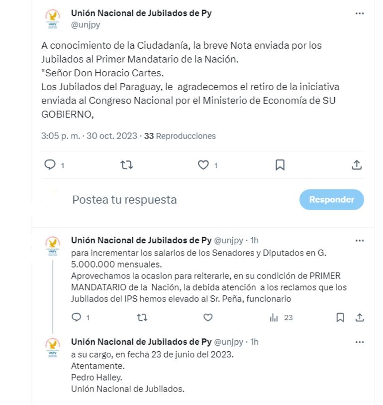 Tweet de la Unión Nacional de Jubilados del Paraguay en la que se burlan de Santiago Peña tratandólo de "funcionario" del "primer mandatario", Horacio Cartes.