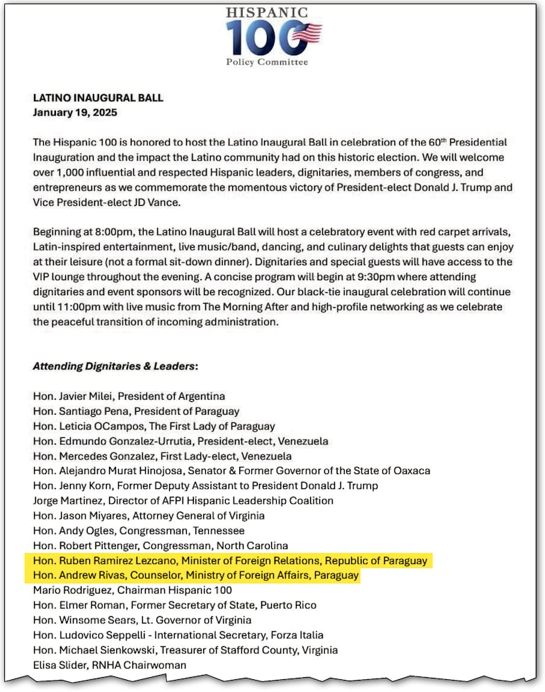 Invitación oficial de la organización Hispanic 100 revela nexo con el canciller.