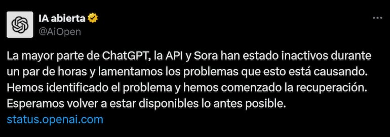 La mayor parte de ChatGPT, la API y Sora han estado inactivos, reportan.