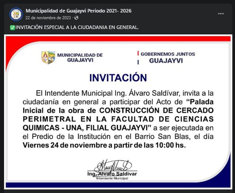 Invitación al acto del que participó el hijo de José "Pakova" Ledesma