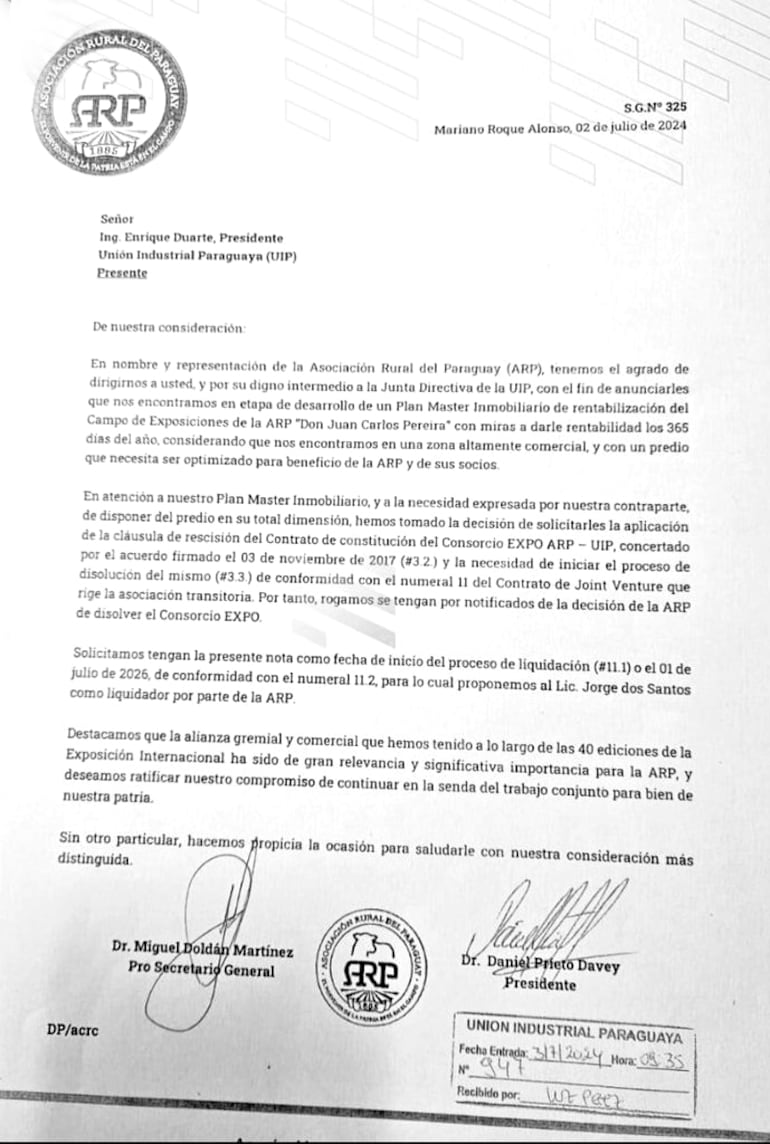 Facsímil de la nota de la ARP entregada a la UIP en el cual notifica la decisión de rescindir el consorcio con el cual se desarrolla la Expo MRA hace cuatro décadas.