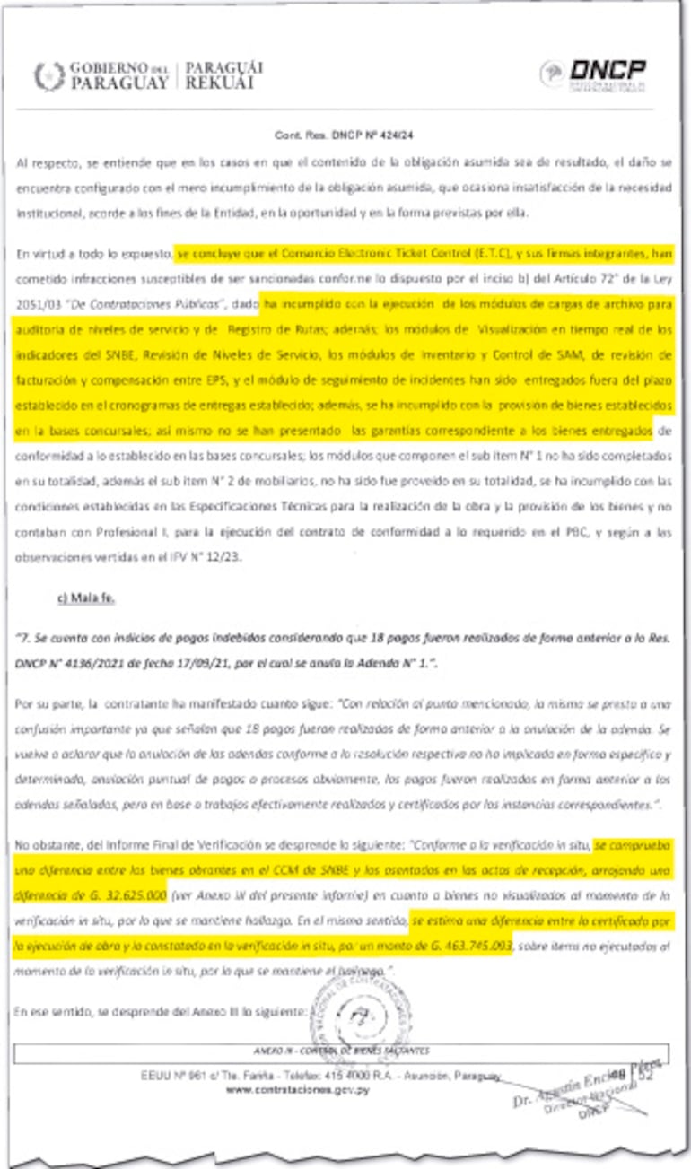 Facsímil de la resolución de la  DNCP en el cual concluye incumplimientos y mala fe del consorcio.