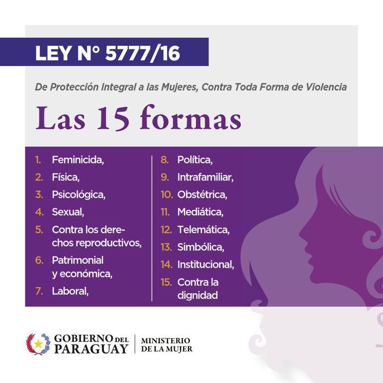 Formas de violencia contra la mujer establecida en la ley 5.777/16.