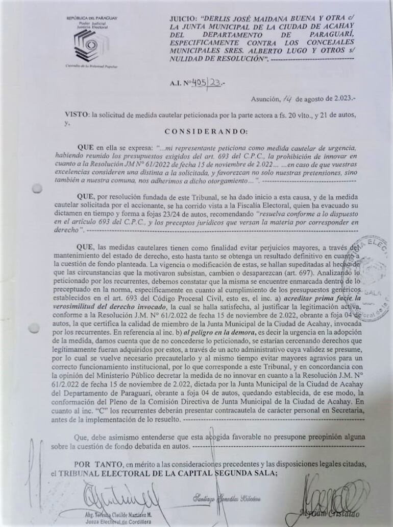 La medida cautelar distada por el Tribunal Electoral Segunda Sala de la Capital.