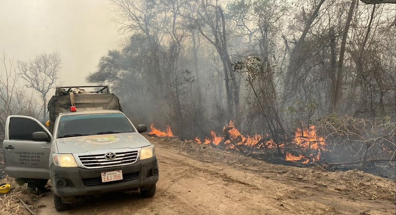 Bomberos trabajando para aplacar los incendios forestales en el norte del Chaco.