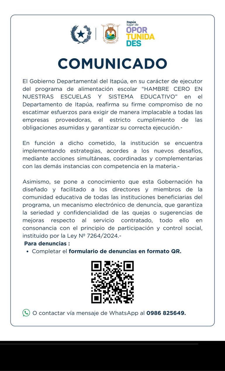 Gobernador de Itapúa pidió “reclamos formales” para accionar contra la empresa que incumpla con el programa Hambre Cero.