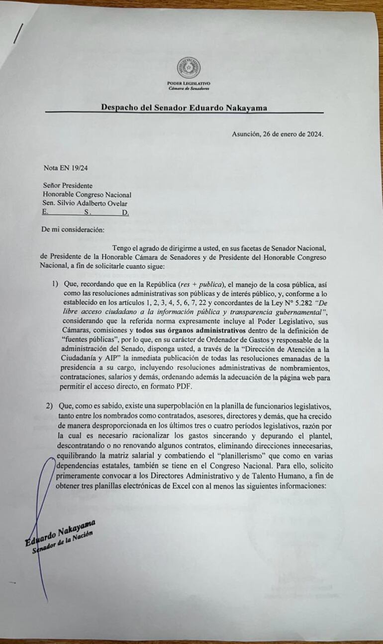 Primera parte de la nota del senador Nakayama a los presidente de ambas cámaras del Congreso. (Fuente X).