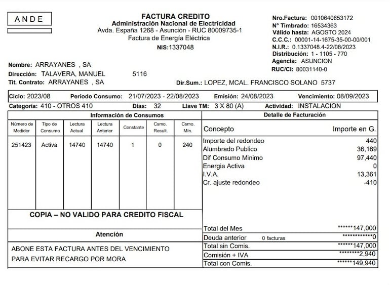 Última factura de la ANDE de Arrayanes S.A.