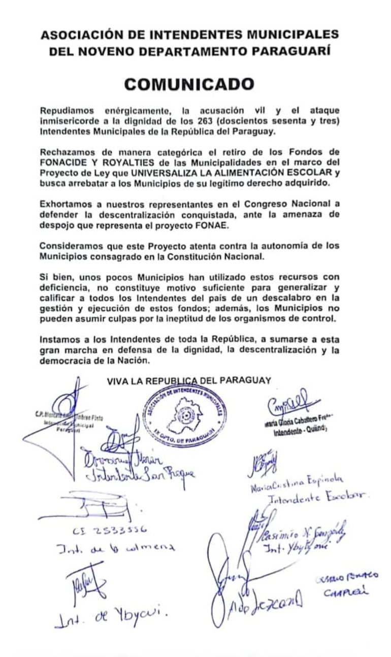 Comunicado emitido por la Asociación de Intendentes Municipales del Noveno Departamento de Paraguarí.