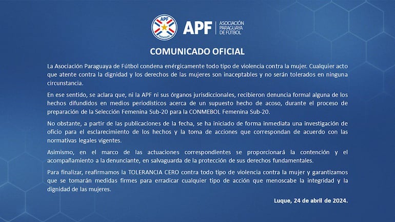 El comunicado de la Asociación Paraguaya de Fútbol.