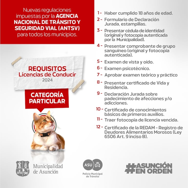 Requisitos para la licencia de conducir, según la Municipalidad de Asunción.