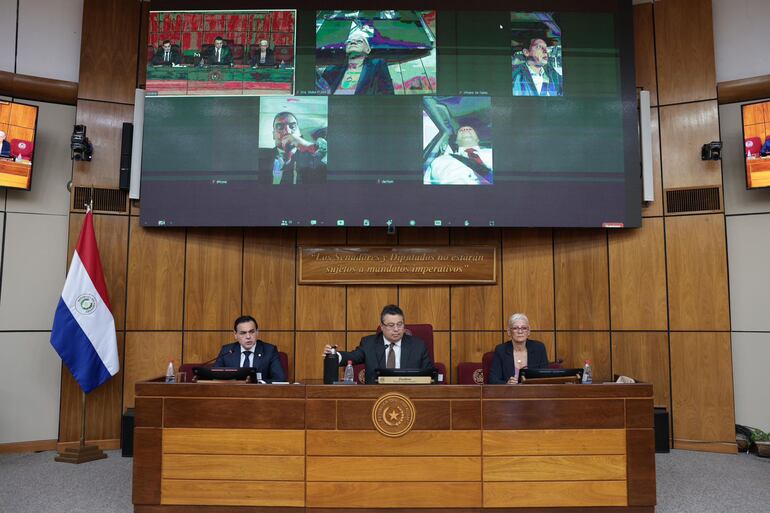 Desde sus vehículos, los senadores cartistas Derlis Maidana y Juan C. Galaverna, vía Zoom, participaron de la reunión con el canciller Rubén Ramírez, convocada por la Comisión de RREE.