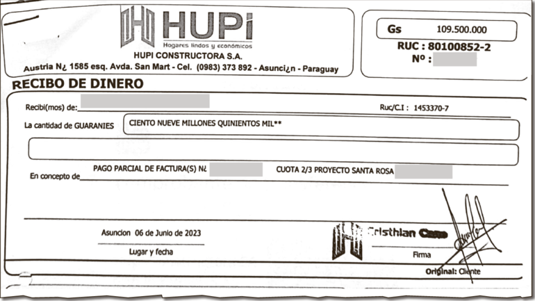 Uno de los recibos que emitió Hupi por la venta al CONTADO de uno de los departamentos en la residencial Santa Rosa.